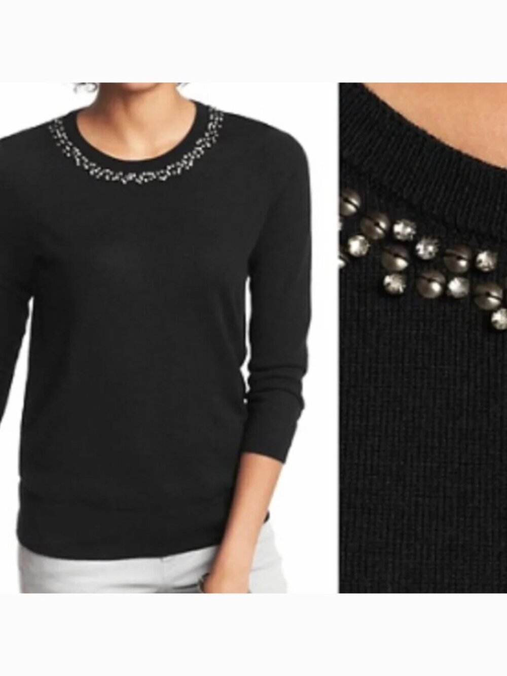 ANN TAYLOR LOFT Black Knit Rhinestone Embellished 3/4 Sleeve Sweater PETITE SP
